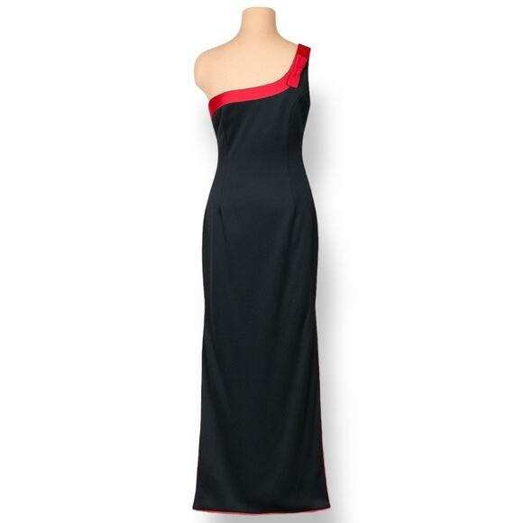 Vintage 90s One Shoulder Black Red Gown Made in USA Bow Detail Column Formal - Picture 2 of 11